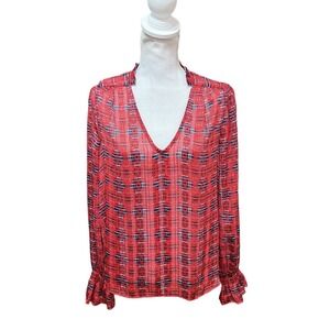 AQUA x Pendleton Womens Long Sleeve Smocked V-Neck Red Casual Blouse Size Large